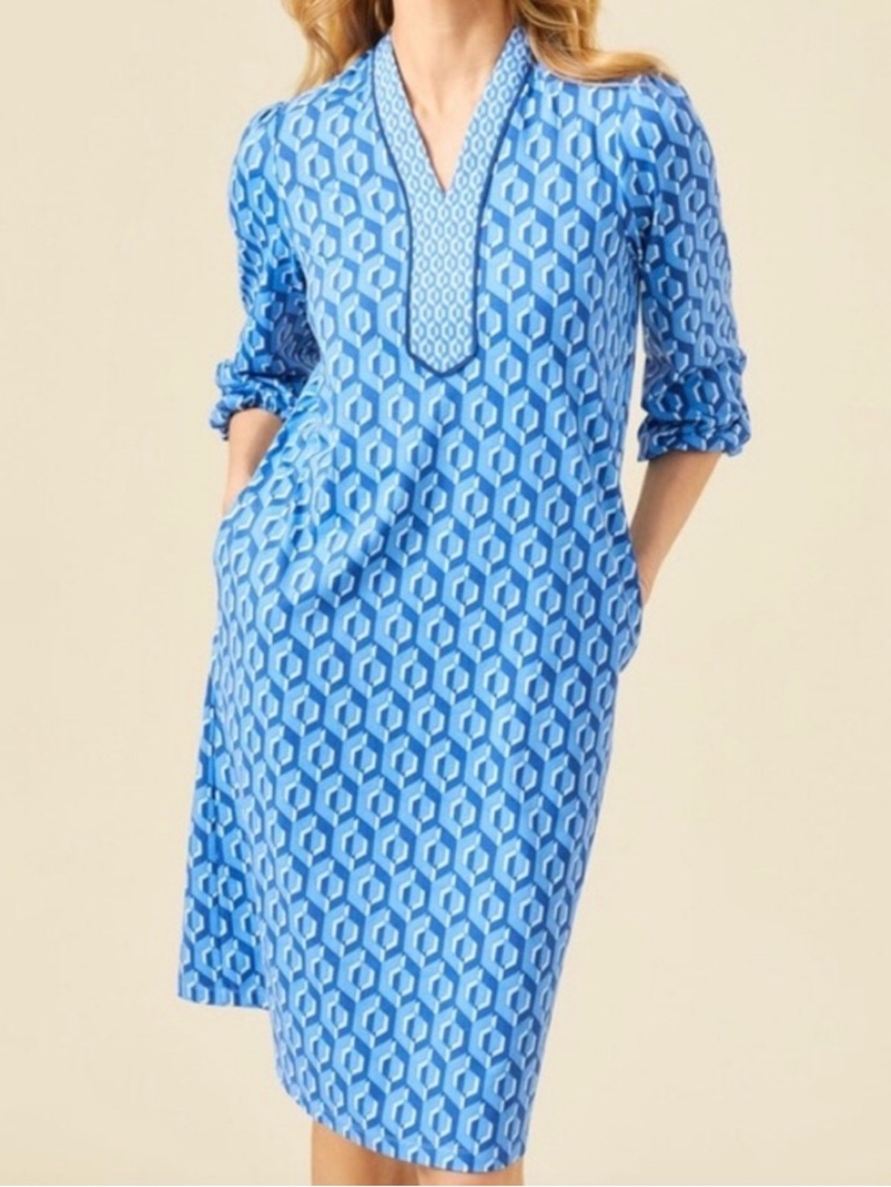 J McLaughlin Emer Dress Blue Geometric Print Shift Dress M